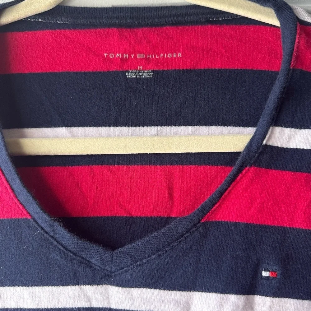 Tommy Hilfiger Red and Navy Striped Tee M
